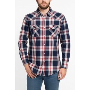 Coastal Shirt Men's Medium Blue Red Plaid Western Cowboy Tab Roll Sleeves Snap